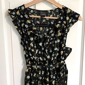 Oh Baby! Floral Summer Dress in black, yellow, and blue with ruffle detail